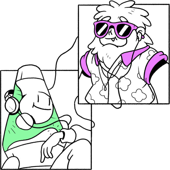 Stylized image of a lava lamp and cartoon yeti with headphones on